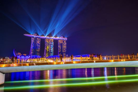 SINGAPORE CITY, SINGAPORE - MARCH 3, 2019: Spectra Light and Water Show Marina Bay Sand Casino Hotel Downtown Singapore 