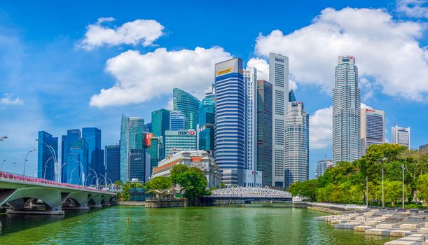 Singapore, Singapore - APRIL 3, 2019: View at Singapore City Skyline, which is the iconic landmarks of Singapore
