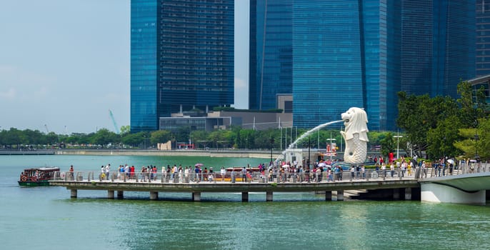 Singapore, Singapore - APRIL 3, 2019: View at Singapore City Skyline, which is the iconic landmarks of Singapore