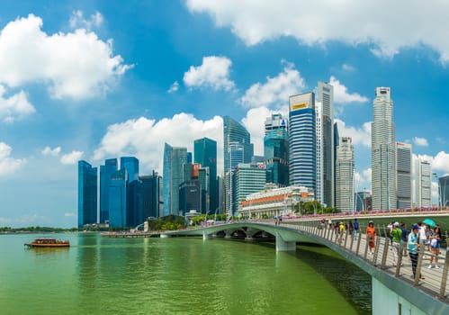 Singapore, Singapore - APRIL 3, 2019: View at Singapore City Skyline, which is the iconic landmarks of Singapore