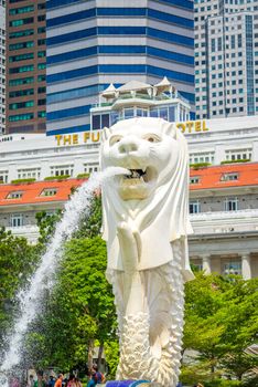 SINGAPORE CITY SINGAPORE: FEBRUARY 3 2019: Singapore Merlion Park downtown Singapore  business district 