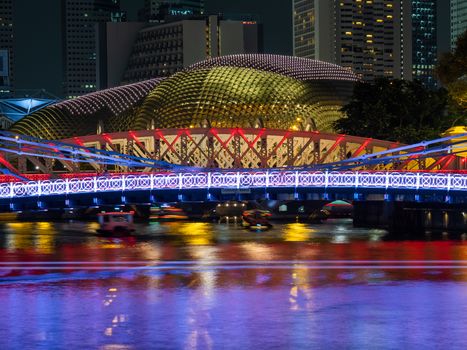 Singapore, Singapore - FEBRUARY 3, 2019: View at Singapore City Skyline during the ilight show , which is the iconic landmarks of Singapore