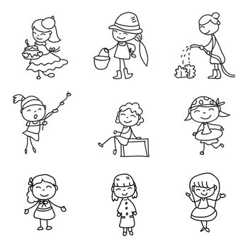 children illustration hand drawing vector happy kids girls happiness concept abstract cartoon character doodle design style line art. all object group with white filled. ready to use as clip art.