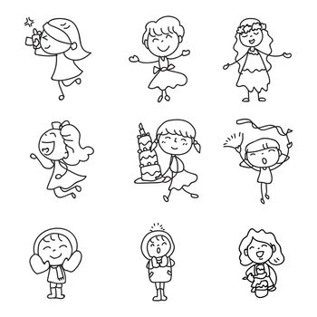 children illustration hand drawing vector happy kids girls happiness concept abstract cartoon character doodle design style line art. all objects group with white filled. ready to use as clip art.