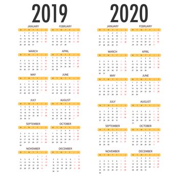 Calendar for 2019 2020 on white background. Week Starts Monday. Simple Vector Template
