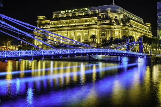 Singapore, Singapore - APRIL 22, 2018: The Fullerton Hotel in Singapore City at night