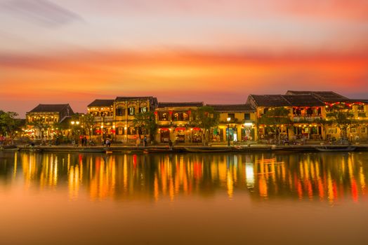 HOI AN, VIETNAM - FEBRUARY 18, 2017: Night the promenade town of Hoi An. Tourist landmark of the city Hoi An. Vietnam