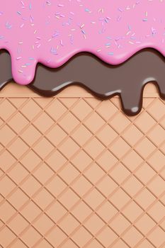 Chocolate and Strawbery Ice Cream Melted with Sprinkles on Wafer Background.,3d model and illustration.