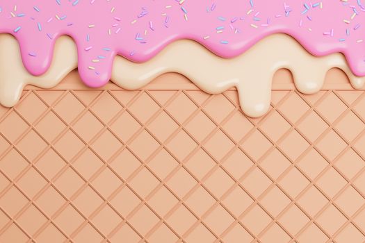 Strawbery and Vanilla Ice Cream Melted with Sprinkles on Wafer Background.,3d model and illustration.