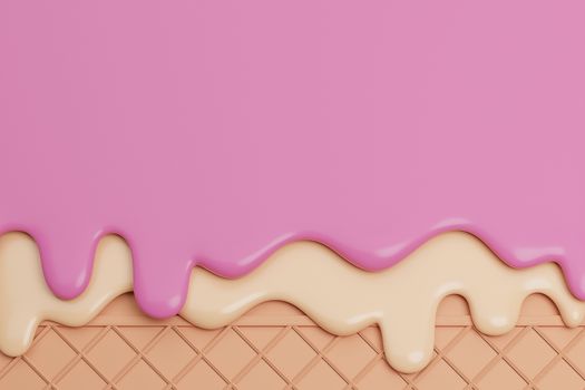 Strawbery and Vanilla Ice Cream Melted on Wafer Background.,3d model and illustration.