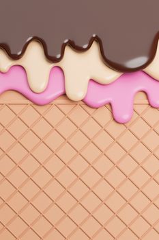Chocolate and Vanilla and Strawbery Ice Cream Melted on Wafer Background.,3d model and illustration.