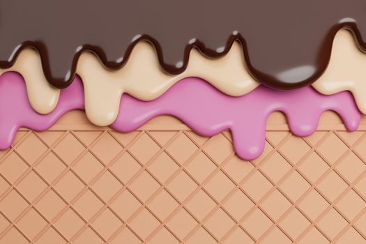 Chocolate and Vanilla and Strawbery Ice Cream Melted on Wafer Background.,3d model and illustration.