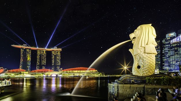 SINGAPORE CITY SINGAPORE: APRIL 20 2018: Singapore Merlion Park downtown Singapore  business district 