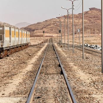 Railway for the steam locomotive, still in use, in the desert of Wadi Rum, Jordan, middle east