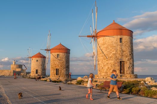 Windmills at Mandraki Harbour in Rhodes, Greece