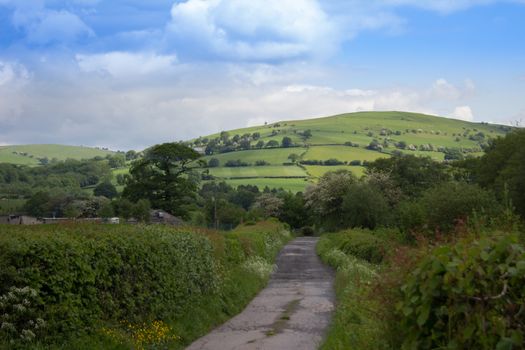 A country lane leading towards a sunny green hill in the welsh countryside