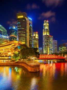 Singapore, Singapore - APRIL 18, 2018: View at Singapore City Skyline, which is the iconic landmarks of Singapore