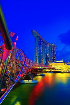 SINGAPORE CITY, SINGAPORE - APRIL 17, 2018: Marina Bay Sands at night the largest hotel in Asia. It opened on 27 April 2010. Singapore on April 17, 2018