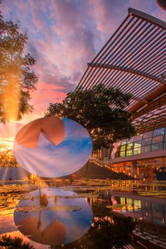 SINGAPORE CITY, SINGAPORE: APRIL 14, 2018: Sunrise at the Art and scence museum in  Singapore city 