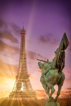 Eiffel Tower from Bir-Hakeim metal bridge in the morning, Paris, France