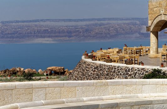 View over the terrace of the museum at the Dead Sea in Jordan with the mountains of Israel on the opposite bank, middle east