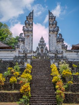 Traditional big gate entrance to temple. Bali Hindu temple. Bali island Indonesia.