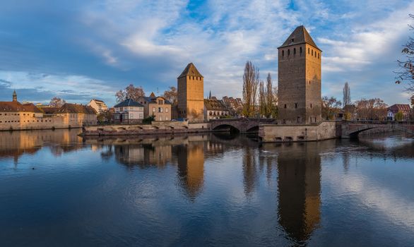 medieval bridge Ponts Couverts from the Barrage Vauban in Strasbourg France