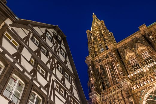 View of Strasbourg Cathedral from ground. Alsace France