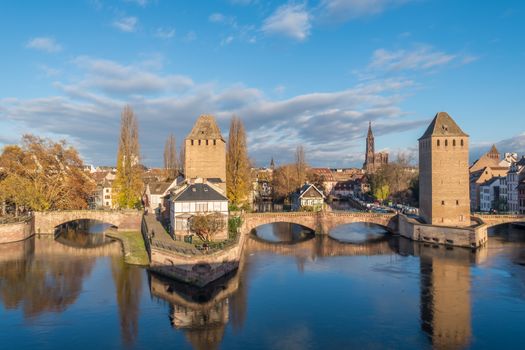 medieval bridge Ponts Couverts from the Barrage Vauban in Strasbourg France