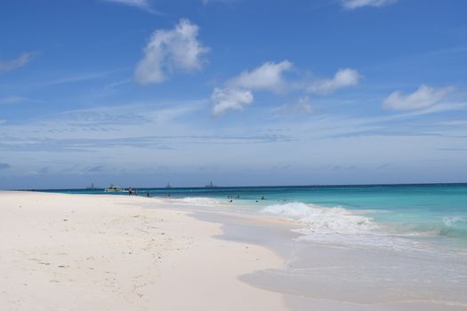 Panoramic view of the beach of Aruba, famous for palm trees and turquoise water
