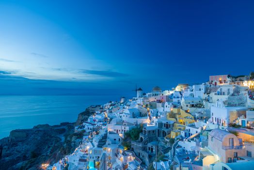 view of Oia village  at the Santorini Island at sunset