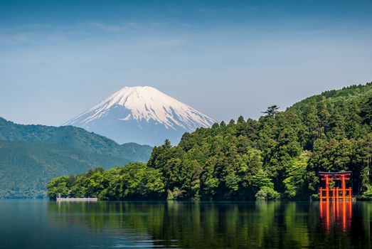Shores of Lake Ashi and Mount Fuji from Moto-Hakone in Japan