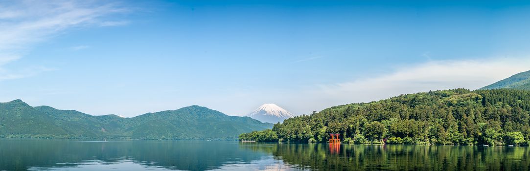 Shores of Lake Ashi and Mount Fuji from Moto-Hakone in Japan