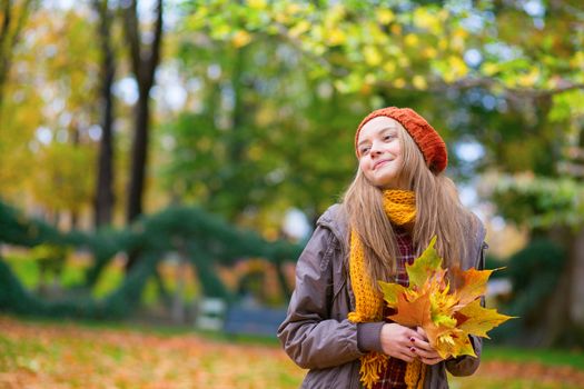 Cheerful young girl with bunch of leaves on a fall day