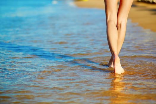 Closeup of legs of a woman walking on the beach