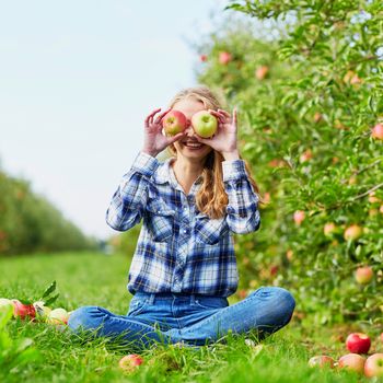 Woman holding crate with ripe red apples on farm. Autumn, harvest and gardening concept