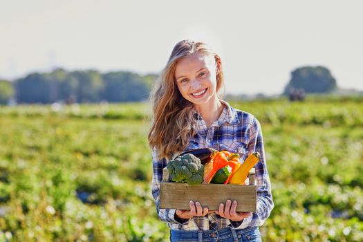 Woman holding wooden crate with fresh organic vegetables from farm