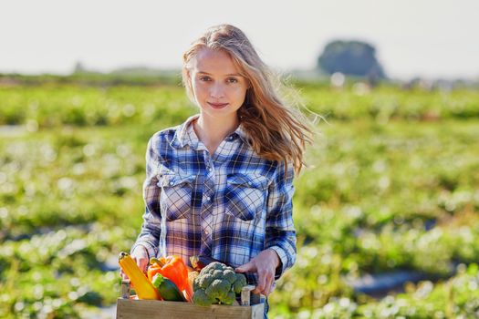 Woman holding wooden crate with fresh organic vegetables from farm