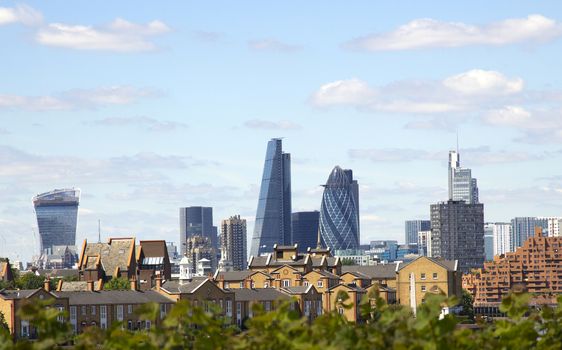 A view of London Financial District's skyline, including the Gherkin, Cheesegrater and Walkie Talkie buildings.  As viewed from Canary Wharf