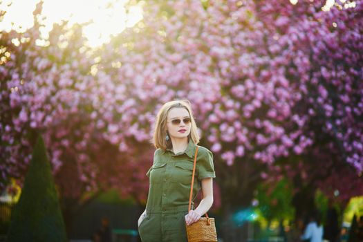 Beautiful French woman walking in Paris on a spring day at cherry blossom season