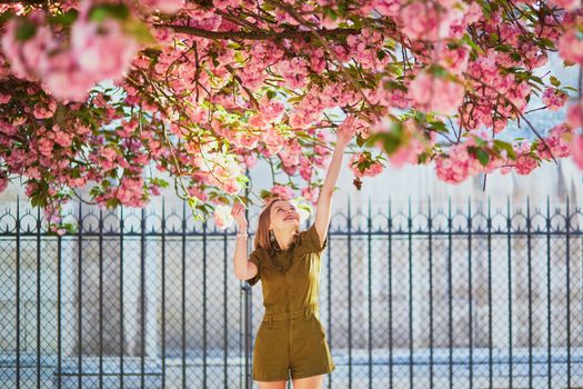 Beautiful French woman walking in Paris on a spring day at cherry blossom season