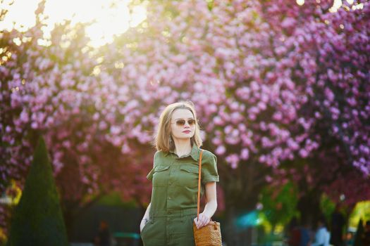 Beautiful French woman walking in Paris on a spring day at cherry blossom season