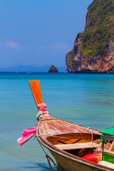 Long boat and tropical beach, Andaman Sea,Phi Phi Islands, Thailand