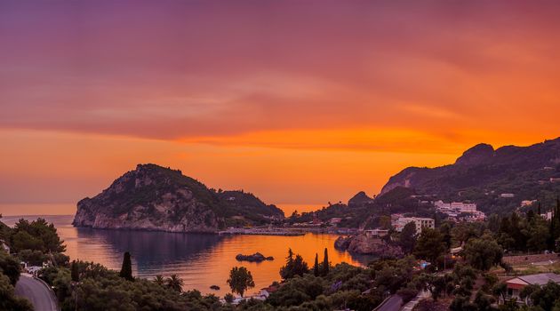 Paleokastritsa at sunset in COrfu Greece