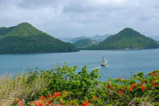 Brig Unicorn tourist ship in Rodney Bay, St Lucia.  This ship featured as The Henrietta in The Curse Of The Black Pearl and in the 1970's TV series Roots.  in 2014 the ship sunk in Rodney Bay marina.