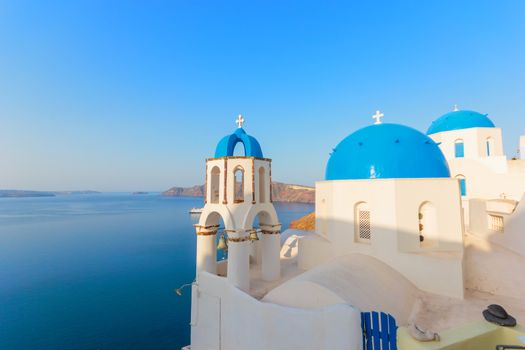 Traditional blue dome church in Santorini Greece