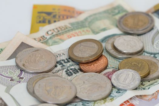 An assortment of foreign coins and bank notes