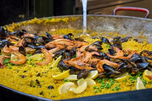 A large pan of seafood paella