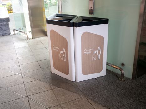 recycling bin at shopping mall, trash container with icons of recycle