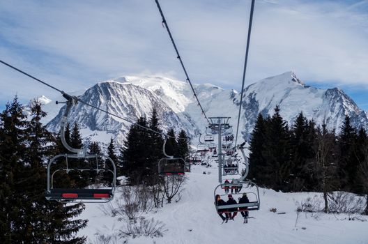 Ski chair lifts in action in Chamonix, France